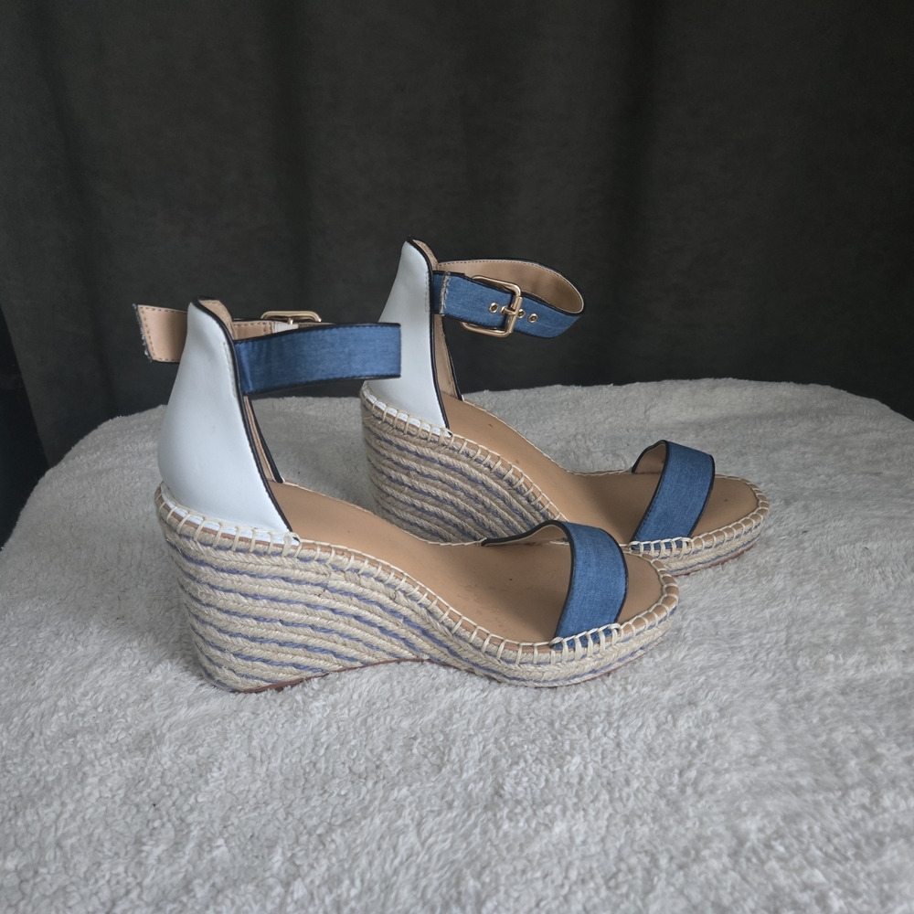 CAbi Blue and White Wedge Sandals